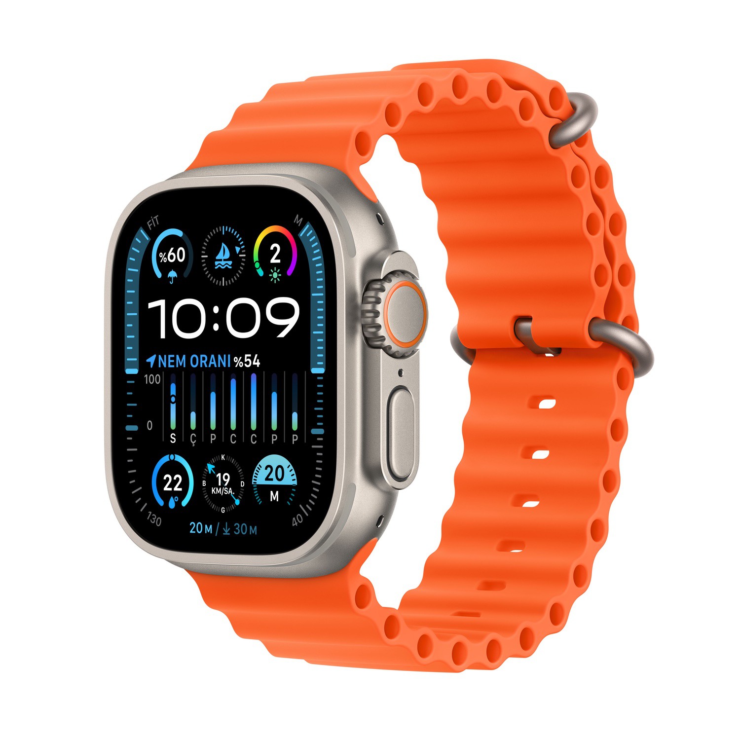 Apple Watch Ultra 2 GPS + Cellular, 49mm Titanyum Kasa ve Turuncu Ocean Kordon  MREH3TU/A