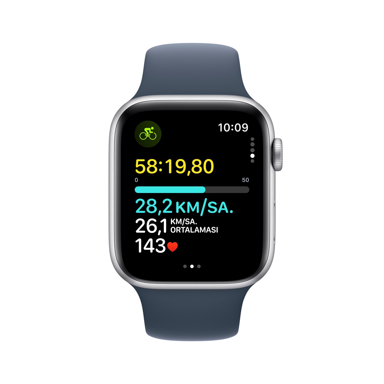 Apple Watch SE GPS + Cellular 44mm Gümüş Rengi Alüminyum Kasa ve Fırtına Mavisi Spor Kordon - S/M  MRHF3TU/A