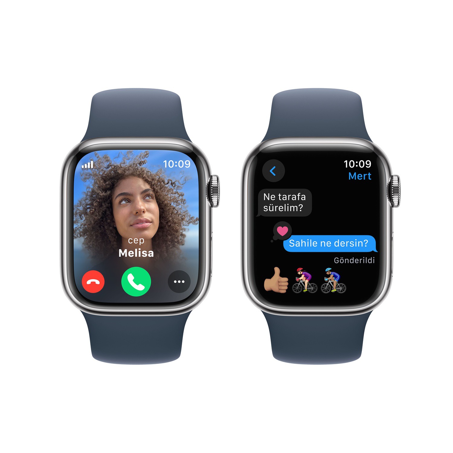 Apple Watch Series 9 GPS + Cellular 41mm Gümüş Rengi Paslanmaz Çelik Kasa ve Fırtına Mavisi Spor Kordon - M/L  MRJ33TU/A