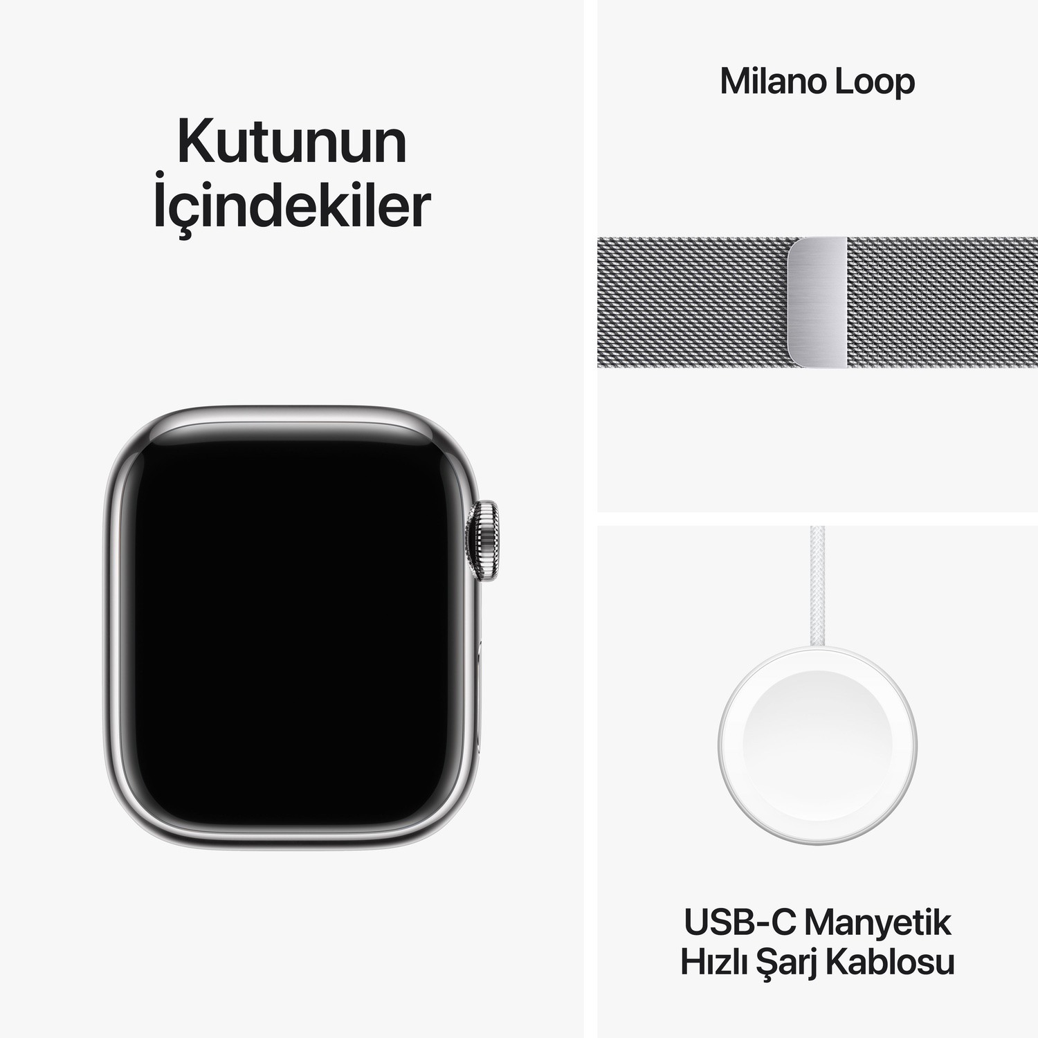 Apple Watch Series 9 GPS + Cellular 41mm Gümüş Rengi Paslanmaz Çelik Kasa ve Gümüş Rengi Milano Loop  MRJ43TU/A