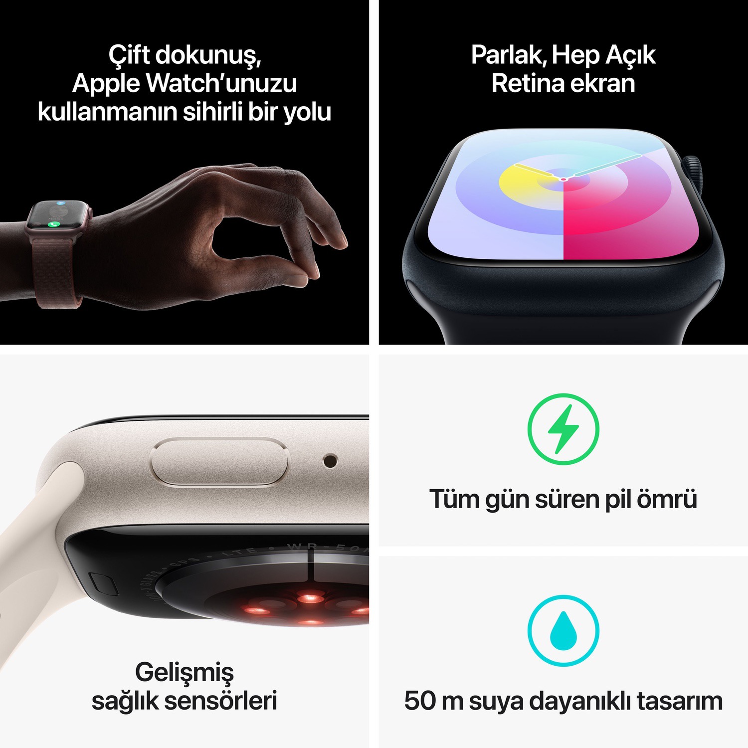 Apple Watch Series 9 GPS + Cellular 41mm Altın Rengi Paslanmaz Çelik Kasa ve Kil Rengi Spor Kordon - M/L  MRJ63TU/A