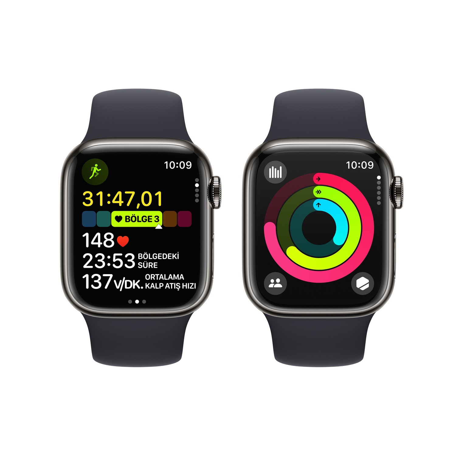 Apple Watch Series 9 GPS + Cellular 41mm Grafit Paslanmaz Çelik Kasa ve Gece Yarısı Spor Kordon - S/M  MRJ83TU/A