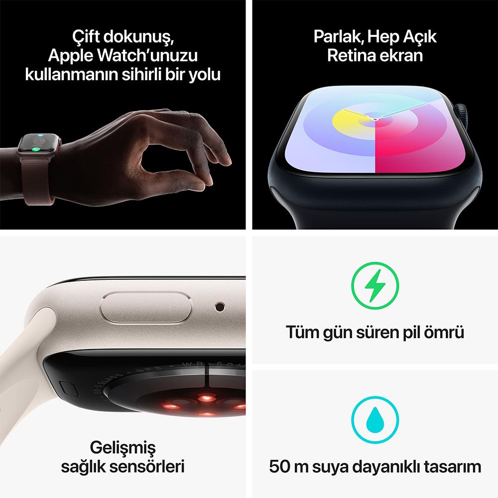 Apple Watch Series 9 GPS + Cellular 45mm Yıldız Işığı Alüminyum Kasa ve Yıldız Işığı Spor Kordon - S/M - MRM83TU/A MRM83TU/A