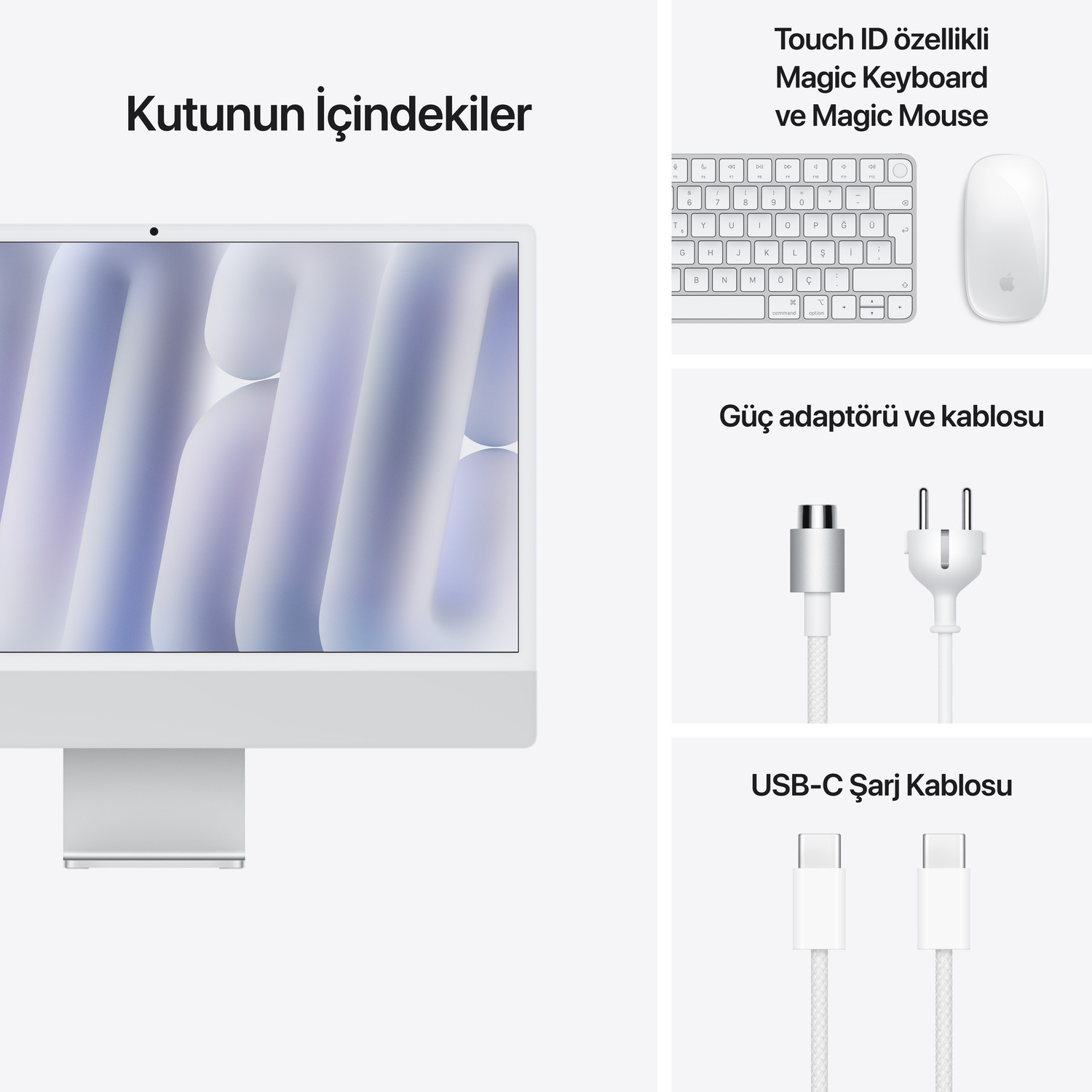 Apple iMac 24inc Retina 4.5K, M4 10-core CPU, 10-core GPU, 16GB Bellek, 512GB SSD, Gümüş  MWUV3TU/A
