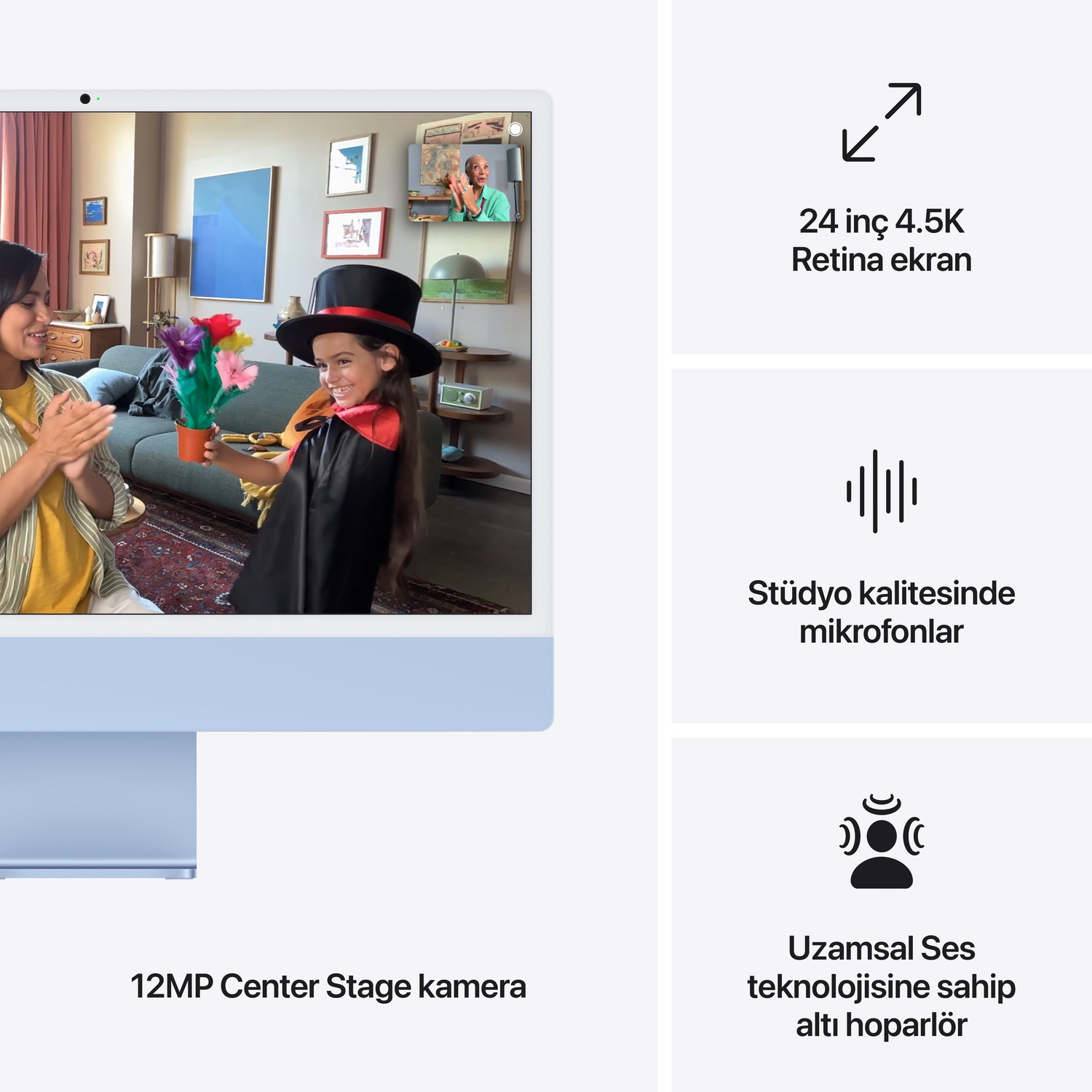 Apple iMac 24inc Retina 4.5K, M4 10-core CPU, 10-core GPU, 16GB Bellek, 512GB SSD, Mavi  MWV33TU/A