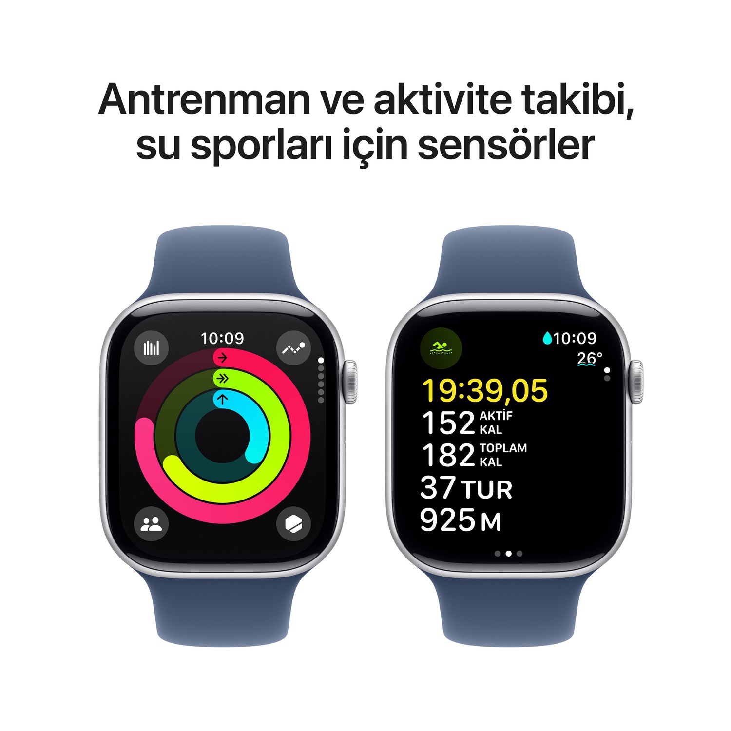 Apple Watch Series 10 GPS + Cellular 46mm Gümüş Rengi Alüminyum Kasa  Kot Rengi Spor Kordon - S/M  MWY03TU/A