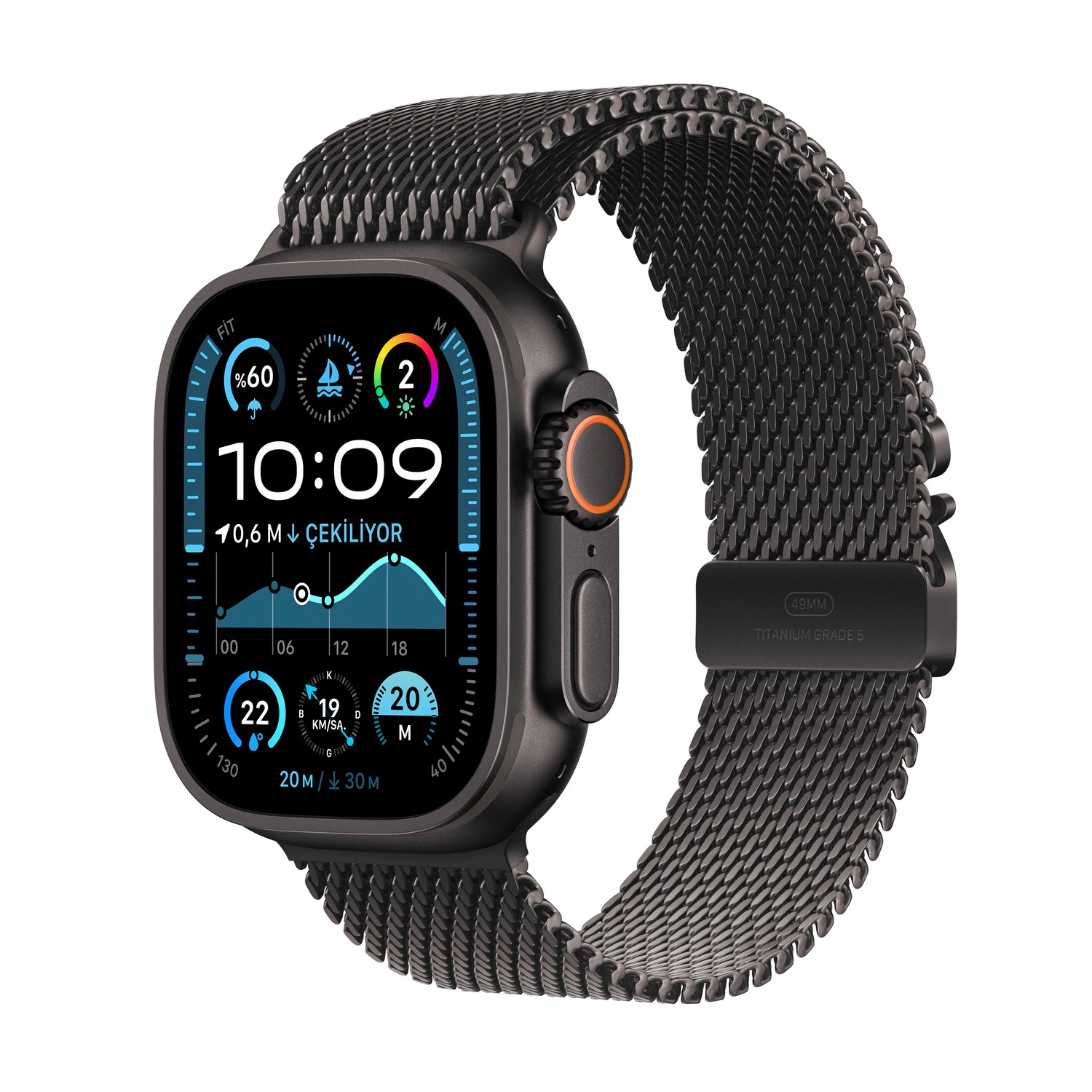 Apple Watch Ultra 2 GPS + Cellular 49mm Siyah Titanyum Kasa  Siyah Titanyum Milano Loop - L  MX5V3TU/A