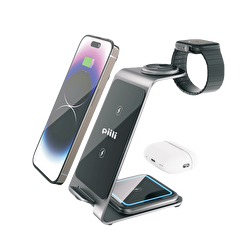 Piili 3 in 1 Aliminyum Şarj Standı - Siyah 6944629156219