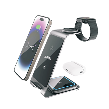 Piili 3 in 1 Aliminyum Şarj Standı - Siyah