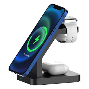 Buff 3 in 1 Magsafe Kablosuz Şarj Standı - Siyah