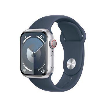 Apple Watch Series 9 GPS + Cellular 41mm Gümüş Rengi Alüminyum Kasa ve Fırtına Mavisi Spor Kordon - S/M 