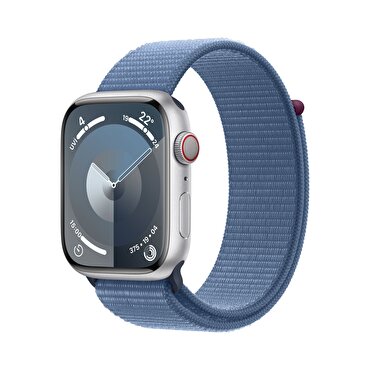 Apple Watch Series 9 GPS + Cellular 41mm Gümüş Rengi Alüminyum Kasa ve Buz Mavisi Spor Loop 