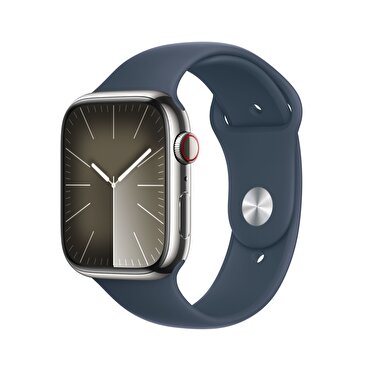 Apple Watch Series 9 GPS + Cellular 45mm Gümüş Rengi Paslanmaz Çelik Kasa ve Fırtına Mavisi Spor Kordon - S/M 