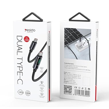 Yesido 1.2M 100W Dijital Hızlı Şarj Kablo-Siyah 6971050265920