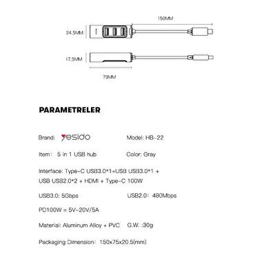 Yesido 5 in 1 Dönüştürücü Siyah 6971050266132