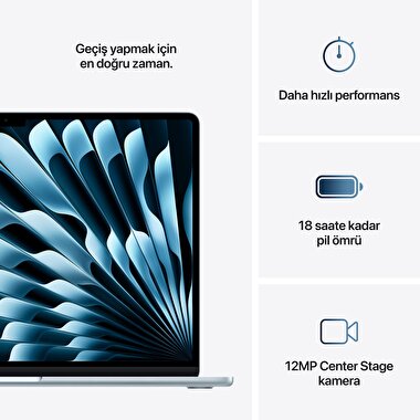 Apple MacBook Air 15' M4 Çip 10 Çekirdekli CPU 10 Çekirdekli GPU 24GB Bellek  512GB SSD Gök Mavisi MC7D4TU/A