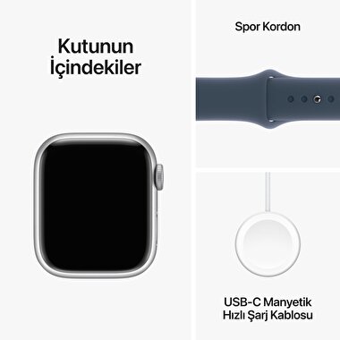 Apple Watch Series 9 GPS 41mm Gümüş Rengi Alüminyum Kasa ve Fırtına Mavisi Spor Kordon - S/M  MR903TU/A