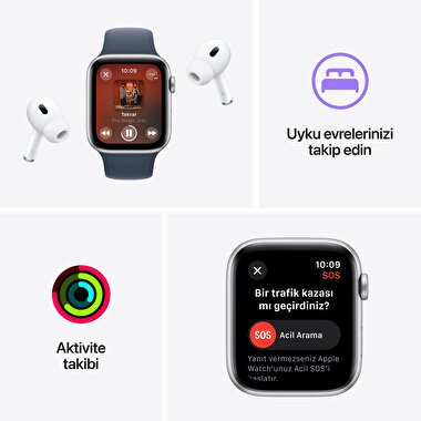 Apple Watch SE GPS 44mm Gümüş Rengi Alüminyum Kasa ve Fırtına Mavisi Spor Kordon - M/L  MREE3TU/A