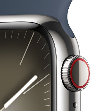 Apple Watch Series 9 GPS + Cellular 41mm Gümüş Rengi Paslanmaz Çelik Kasa ve Fırtına Mavisi Spor Kordon - M/L  MRJ33TU/A