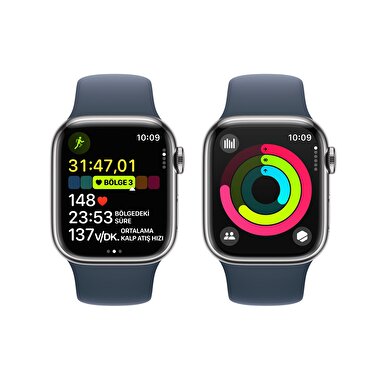 Apple Watch Series 9 GPS + Cellular 41mm Gümüş Rengi Paslanmaz Çelik Kasa ve Fırtına Mavisi Spor Kordon - M/L  MRJ33TU/A