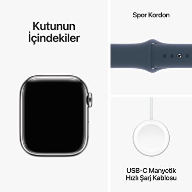 Apple Watch Series 9 GPS + Cellular 41mm Gümüş Rengi Paslanmaz Çelik Kasa ve Fırtına Mavisi Spor Kordon - M/L  MRJ33TU/A