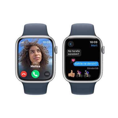 Apple Watch Series 9 GPS + Cellular 45mm Gümüş Rengi Alüminyum Kasa ve Fırtına Mavisi Spor Kordon - M/L  MRMH3TU/A