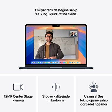 Apple MacBook Air 13' M4 Çip 10 Çekirdekli CPU 8 Çekirdekli GPU 16GB Bellek 256GB SSD Gece Yarısı MW123TU/A