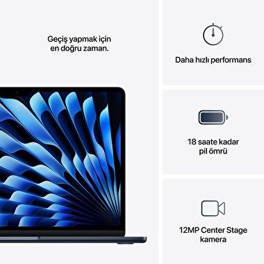 Apple MacBook Air 13' M4 Çip 10 Çekirdekli CPU 8 Çekirdekli GPU 16GB Bellek 256GB SSD Gece Yarısı MW123TU/A