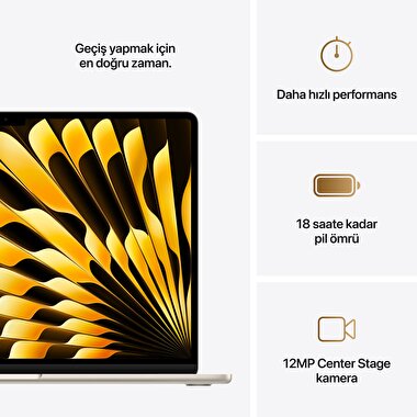 Apple MacBook Air 15' M4 Çip 10 Çekirdekli CPU 10 Çekirdekli GPU 16GB Bellek 256GB SSD Yıldız Işığı MW1J3TU/A
