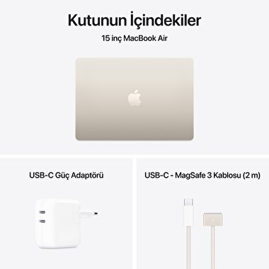 Apple MacBook Air 15' M4 Çip 10 Çekirdekli CPU 10 Çekirdekli GPU 16GB Bellek 256GB SSD Yıldız Işığı MW1J3TU/A