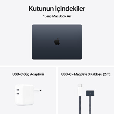 Apple MacBook Air 15' M4 Çip 10 Çekirdekli CPU 10 Çekirdekli GPU 16GB Bellek 512GB SSD Gece Yarısı MW1M3TU/A