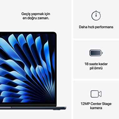 Apple MacBook Air 15' M4 Çip 10 Çekirdekli CPU 10 Çekirdekli GPU 16GB Bellek 512GB SSD Gece Yarısı MW1M3TU/A
