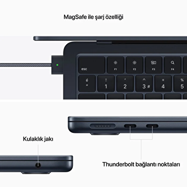 MacBook Air 13 inç M2 Çip  8 Çekirdekli CPU 10 Çekirdekli GPU 24GB Bellek 512GB SSD Gece Yarısı  Z1610040N