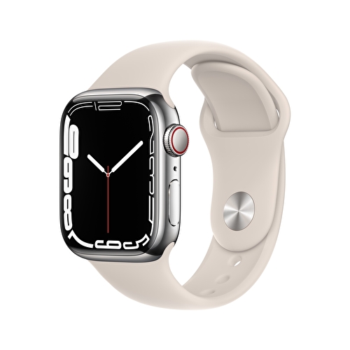 Apple Watch Series 7 GPS + Cellular, 41mm Gümüş Paslanmaz Çelik Kasa ve Yıldız Işığı Spor Kordon - MKHW3TU/A