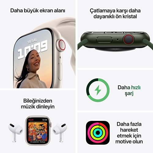 Apple Watch Series 7 GPS + Cellular, 45mm Yıldız Işığı Alüminyum Kasa ve Yıldız Işığı Spor Kordon - MKJQ3TU/A
