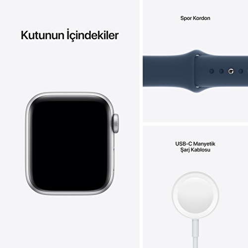 Apple Watch SE GPS, 40mm Gümüş Alüminyum Kasa ve Uçurum Mavisi Spor Kordon MKNY3TU/A