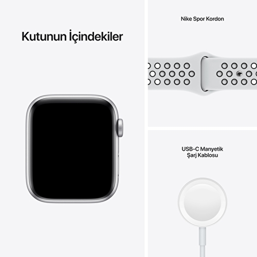 Apple Watch Nike SE GPS, 44mm Gümüş Alüminyum Kasa ve Saf Platin/Siyah Nike Spor Kordon MKQ73TU/A