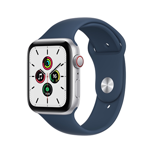 Apple Watch SE GPS + Cellular, 44mm Gümüş Alüminyum Kasa ve Koyu Abis Mavi Spor Kordon - MKRY3TU/A