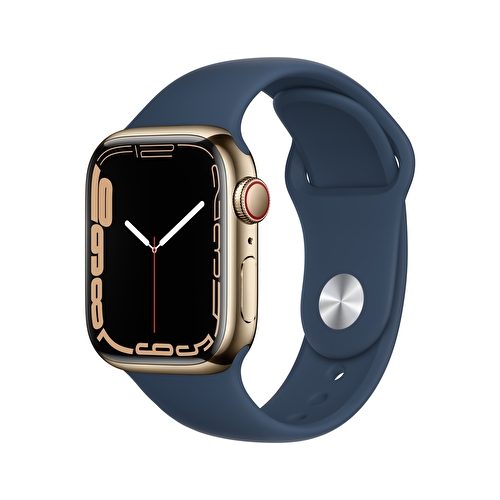 Apple Watch Series 7 GPS + Cellular, 41mm Altın Rengi Paslanmaz Çelik Kasa ve Koyu Abis Mavi Spor Kordon - MN9K3TU/A 