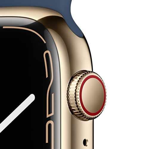 Apple Watch Series 7 GPS + Cellular, 45mm Altın Rengi Paslanmaz Çelik Kasa ve Koyu Abis Mavi Spor Kordon - MN9M3TU/A
