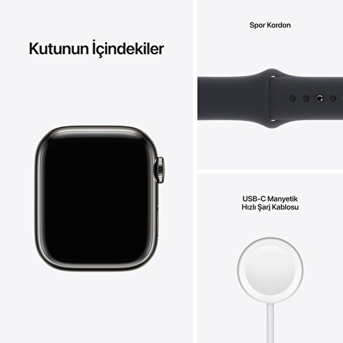 Apple Watch Series 7 GPS + Cellular, 41mm Grafit Paslanmaz Çelik Kasa ve Gece Yarısı Spor Kordon - MNC23TU/A 