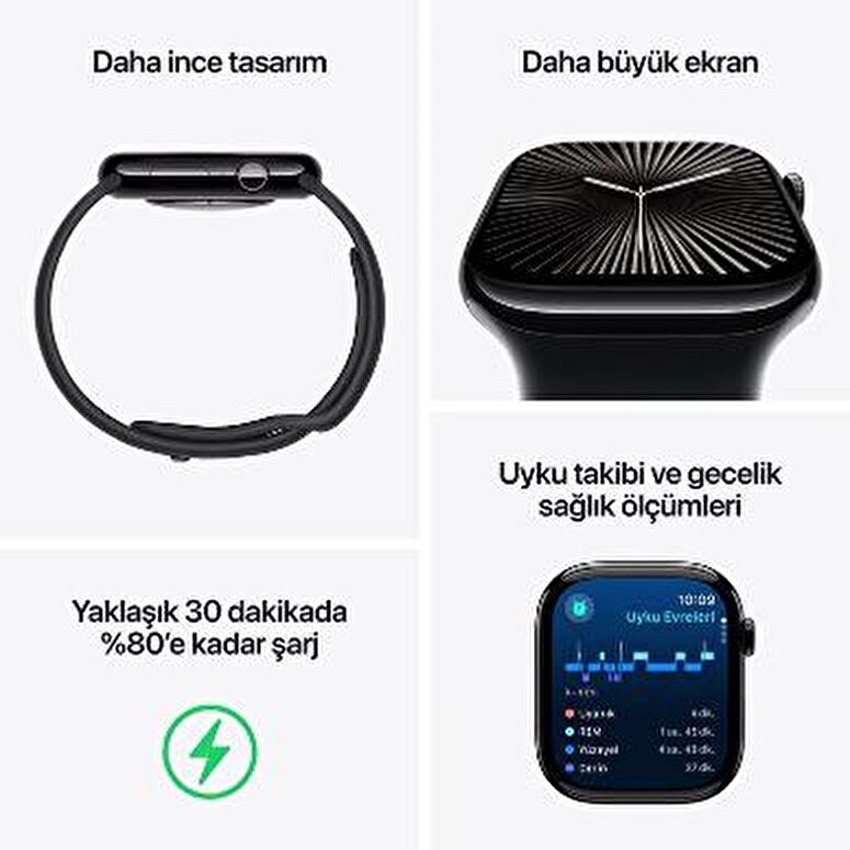 Teşhir - Apple Watch Series 10 GPS 46mm Simsiyah Alüminyum Kasa - Spor Kordon S/M 3N496TU/A