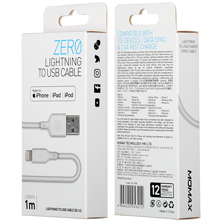 Momax Zero USB-A to Lightning Kablo (1M) - Beyaz 4894222053212