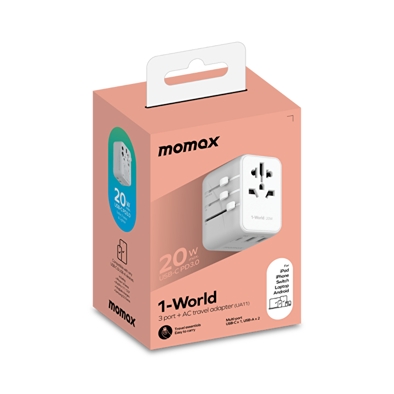 Momax 3 Port + AC Seyahat Adaptörü - Beyaz 4894222071544
