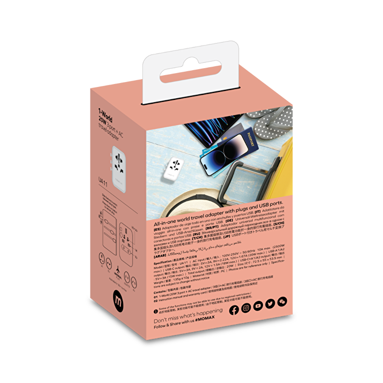 Momax 3 Port + AC Seyahat Adaptörü - Beyaz 4894222071544