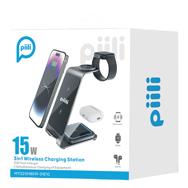 Piili 3 in 1 Aliminyum Şarj Standı - Siyah 6944629156219