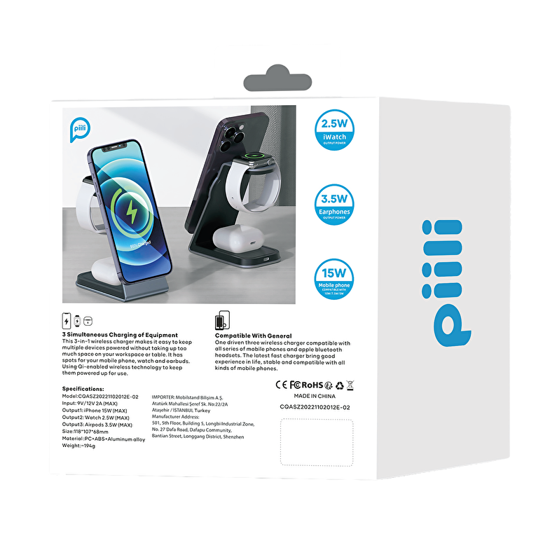 Piili 3 in 1 Aliminyum Şarj Standı - Beyaz 6944629156233