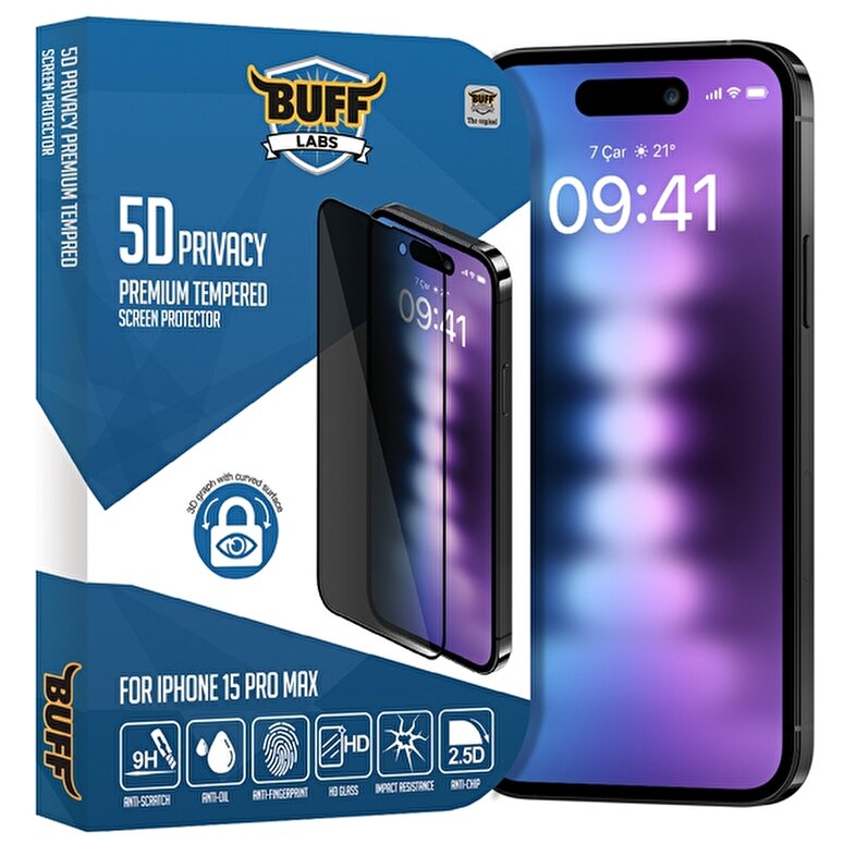Buff iPhone 15 Pro Max 5D Privacy Ekran Koruyucu 8683548216892