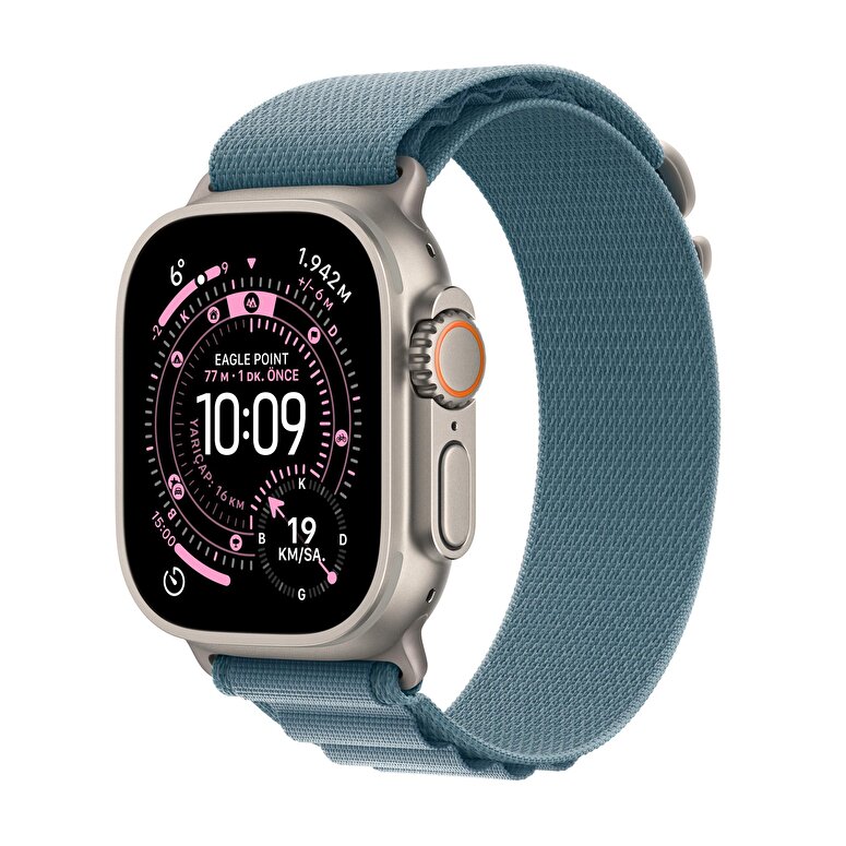 Apple Watch Ultra 3 GPS + Cellular 49mm Natürel Titanyum Kasa ve Açık Mavi Alpine Loop - Büyük Boy MEWP4TU/A