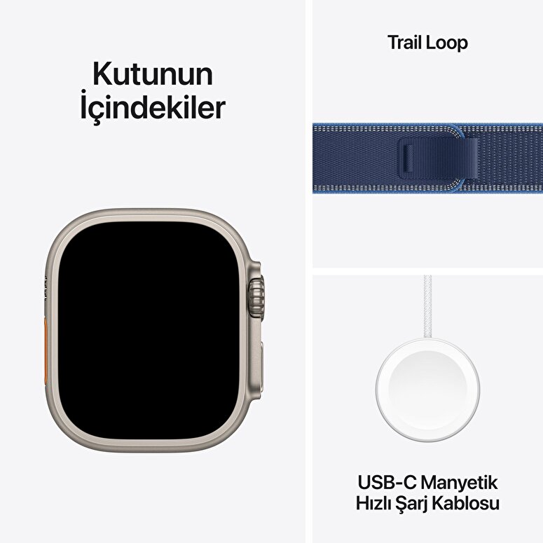 Apple Watch Ultra 3 GPS + Cellular 49mm Natürel Titanyum Kasa ve Mavi/Parlak Mavi Trail Loop - S/M MEWR4TU/A
